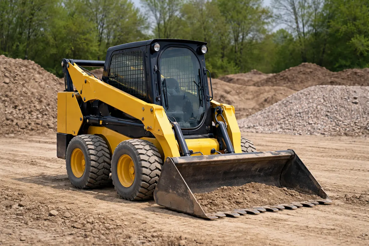 Yellow skid steer loader with a front bucket on a construction site, designed for compact spaces and efficient material handling tasks.