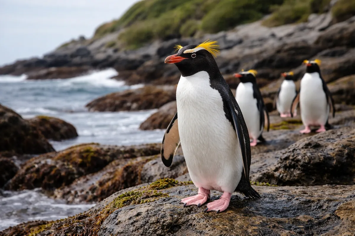 A Snares penguin standing on wet coastal rocks, showing yellow eyebrow-like crests, a red-orange bill, black-and-white plumage, and ocean waves with rocky cliffs behind.