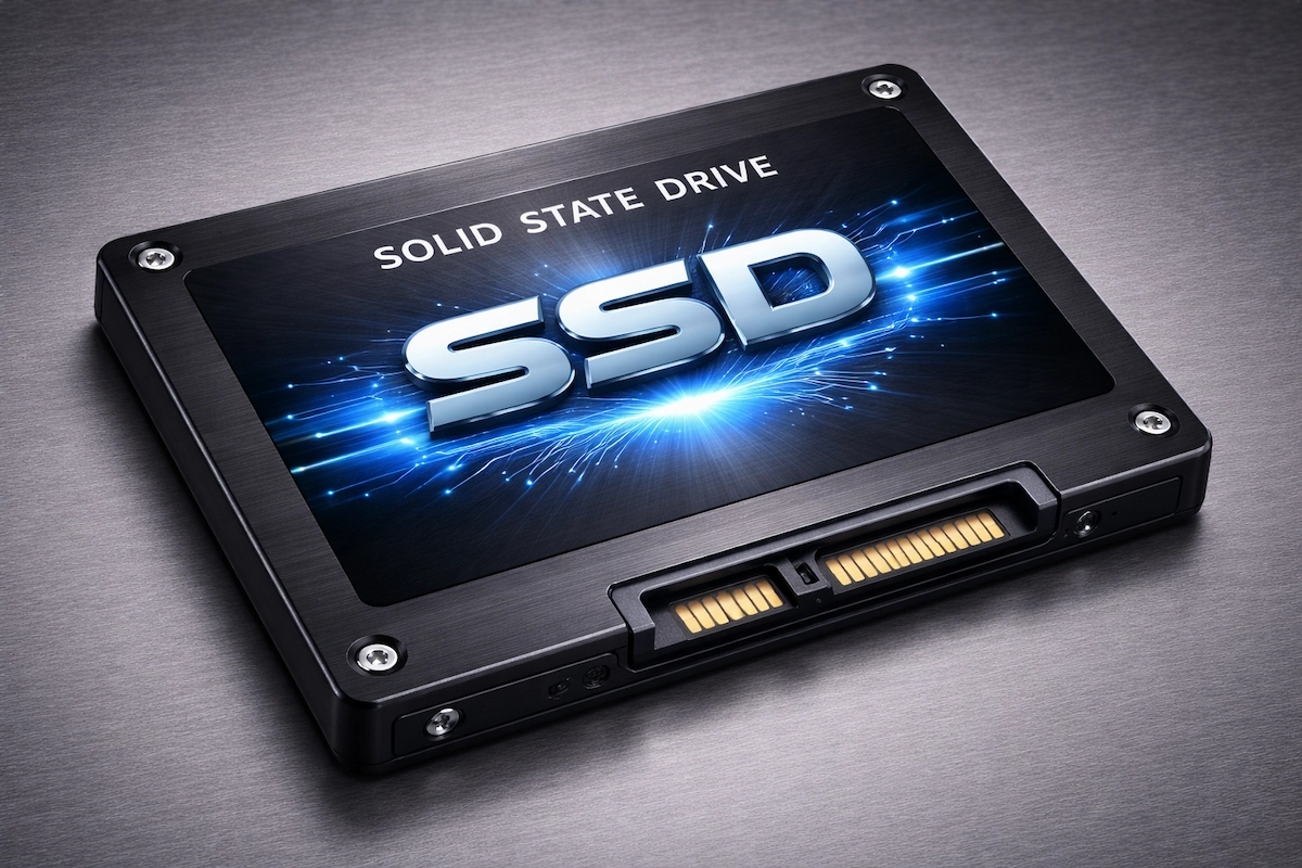 Landscape illustration of a solid state drive (SSD) displaying a slim metal casing with visible connector pins, commonly used as fast internal storage in computers.