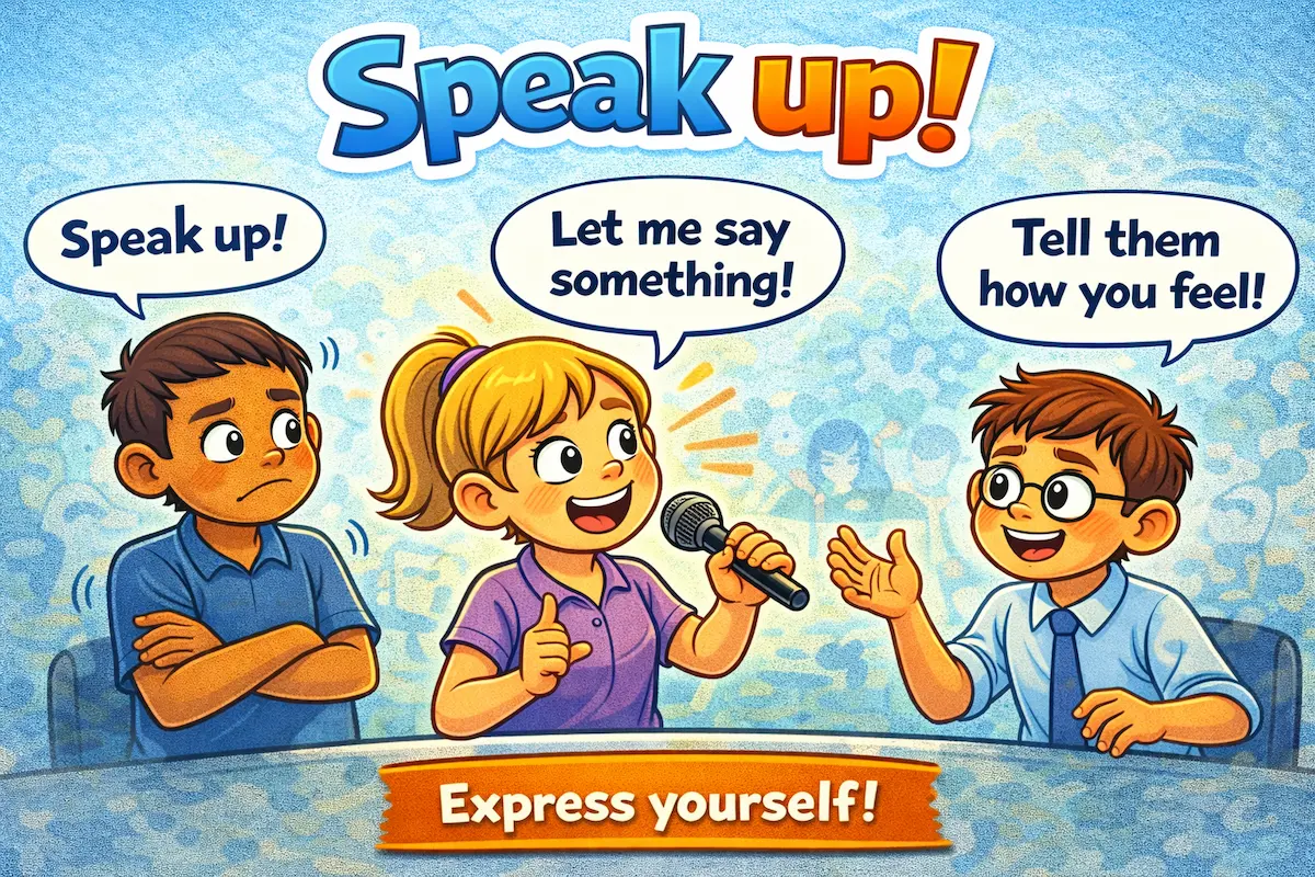 Landscape cartoon illustration of a person speaking into a microphone with encouragement around them, representing the idiom speak up and the act of voicing your thoughts.
