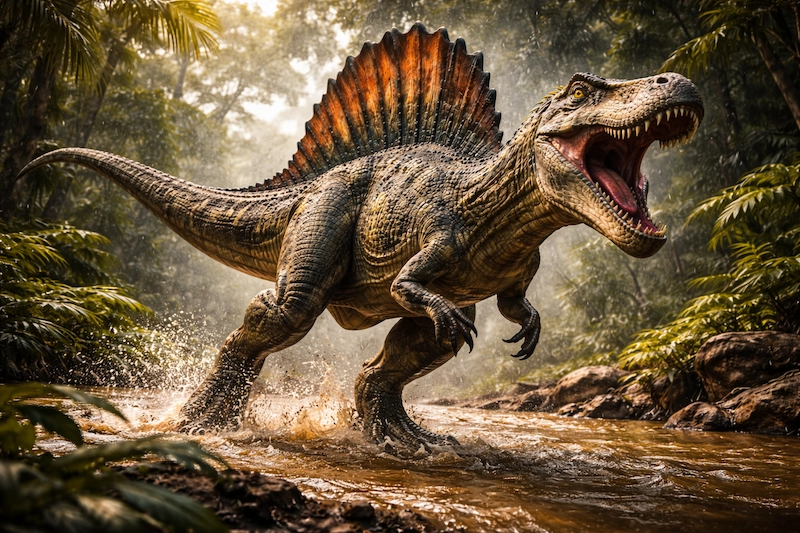 Spinosaurus walking through water in a green prehistoric forest