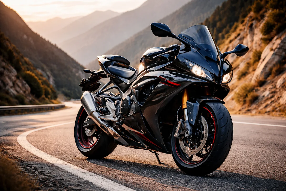 Black sport motorcycle on a curving mountain road, showing aerodynamic fairings, large disc brakes, wide tires, and a scenic mountainous background.