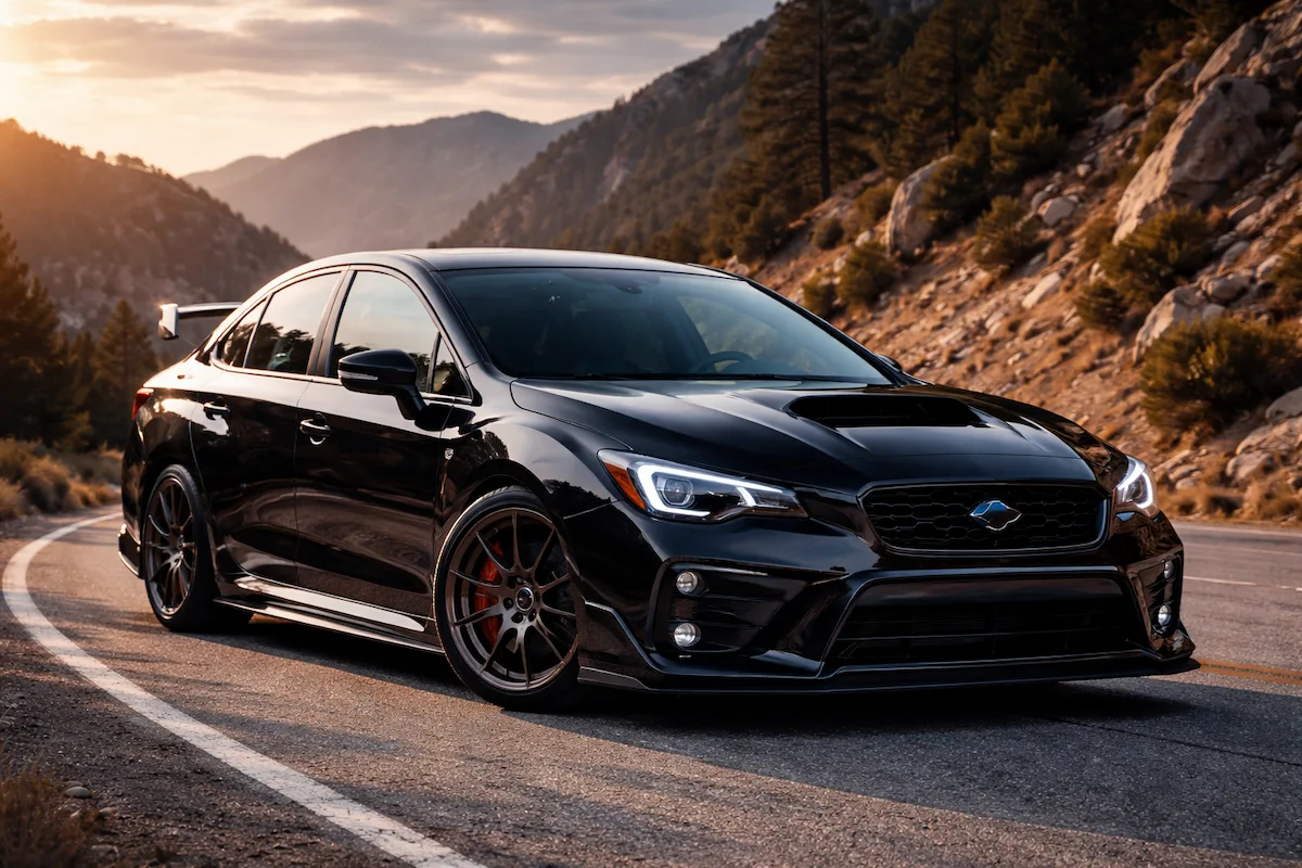 Modern black sports car on a curving mountain road, showing aerodynamic body lines, sporty wheels, headlights, and a scenic mountain background at sunset.