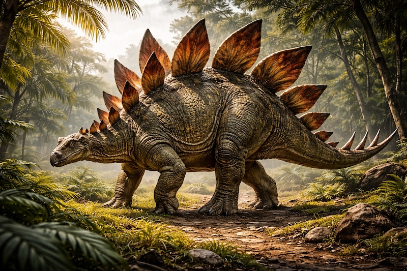 Stegosaurus standing in a green prehistoric forest environment