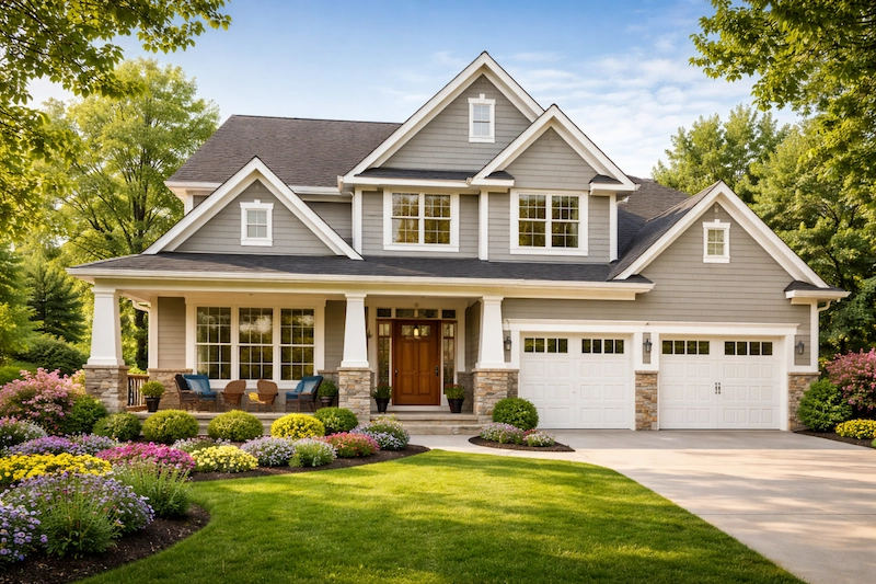 Clean modern suburban house with a front porch, green lawn, and flowers under bright daylight