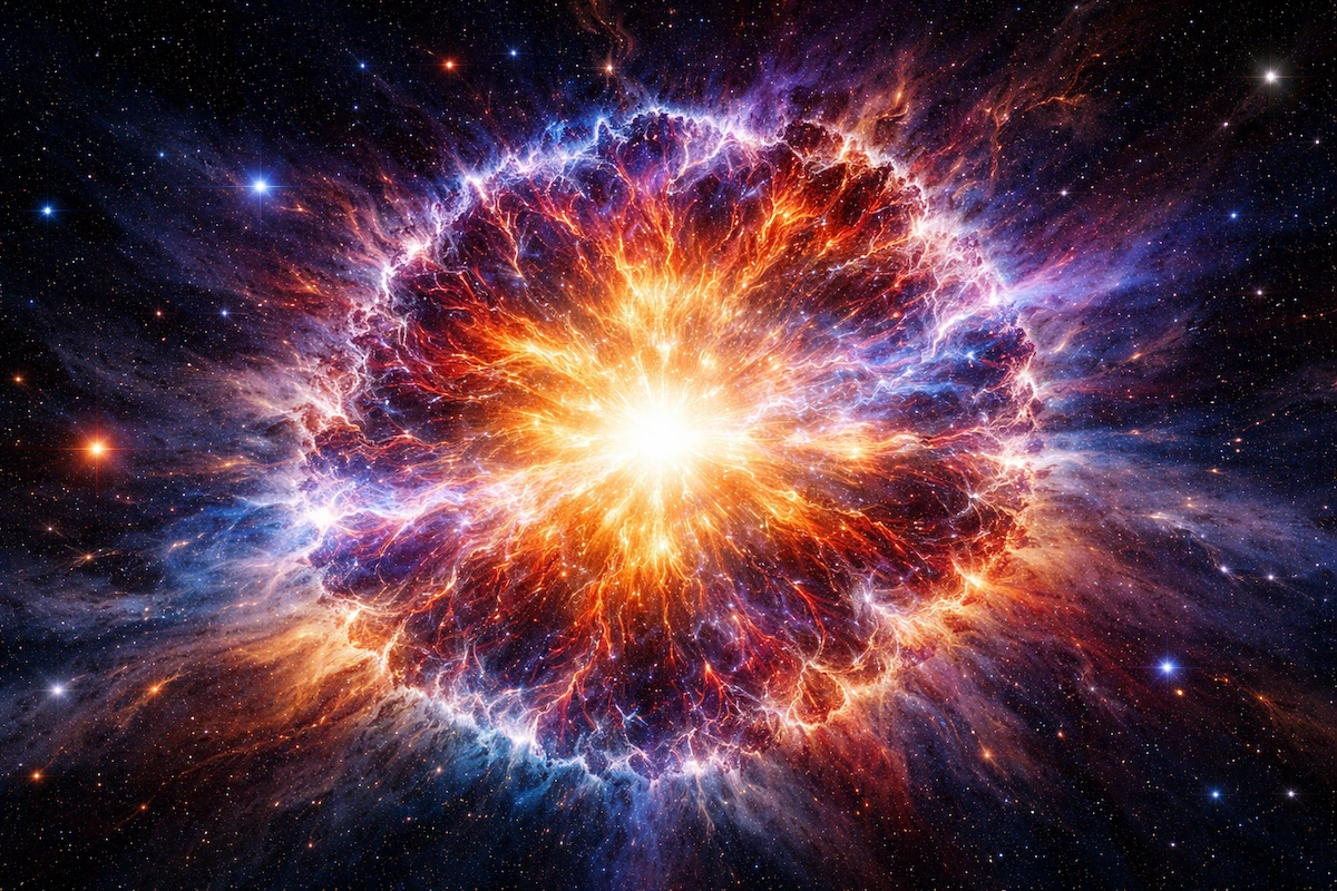 Landscape illustration of a supernova explosion in outer space, featuring a bright stellar core, expanding energy waves, and colorful cosmic gases against a dark star-filled background.