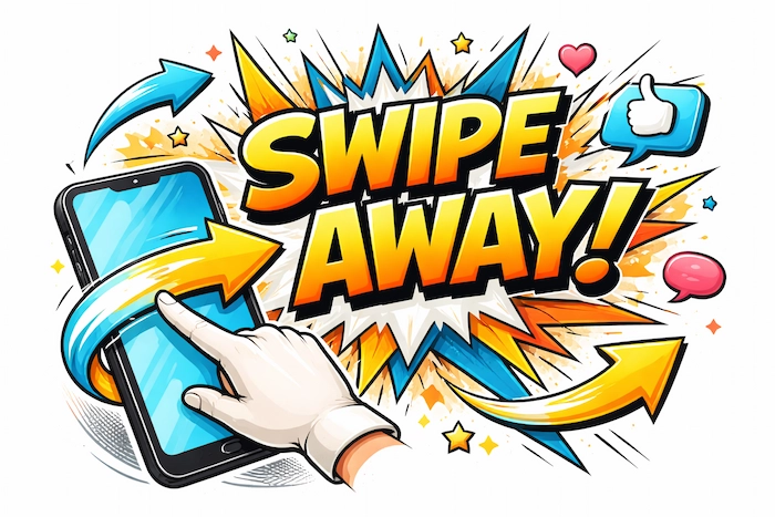 Comic-style swipe away illustration with a hand swiping a smartphone, bold text, and motion arrows showing fast digital interaction