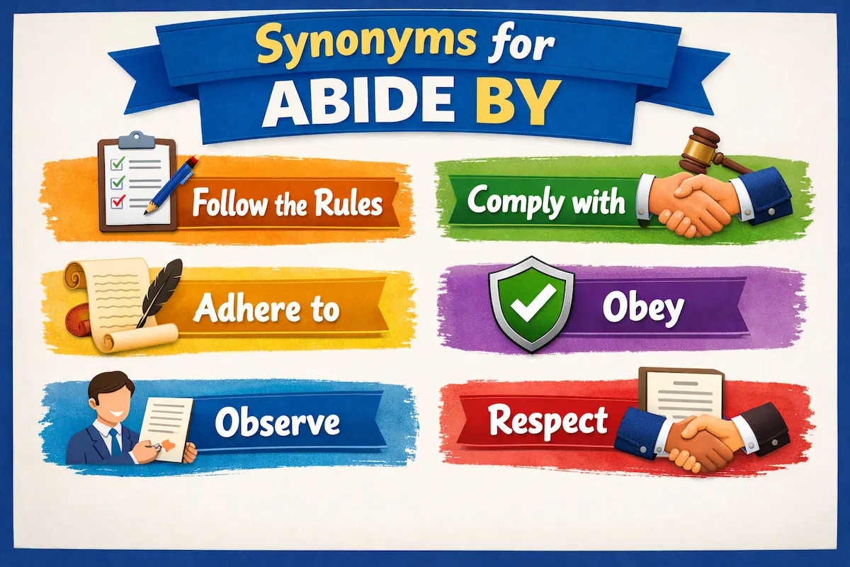 Colorful landscape illustration titled Synonyms for Abide By showing six related expressions including follow the rules, comply with, adhere to, obey, observe, and respect.