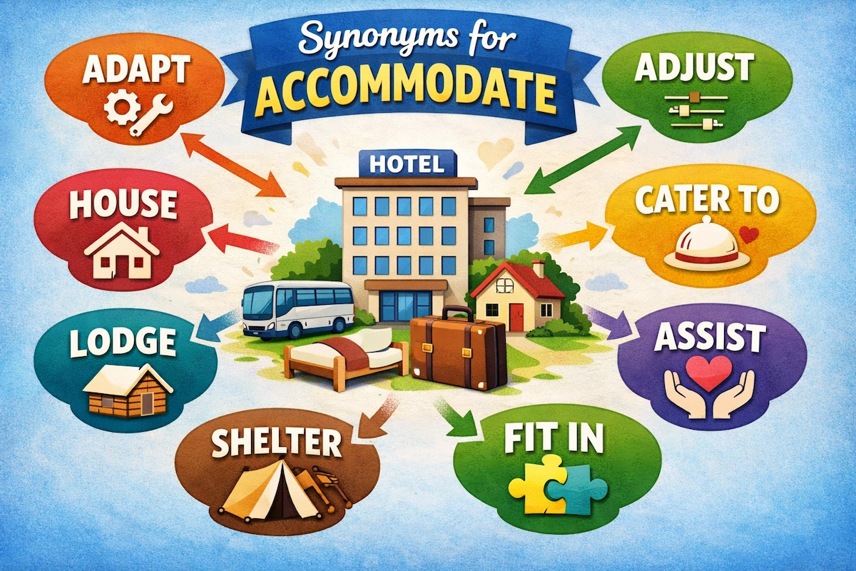 Colorful landscape illustration titled Synonyms for Accommodate showing related words like adapt, adjust, assist, cater to, house, lodge, shelter, and fit in with simple visual icons.
