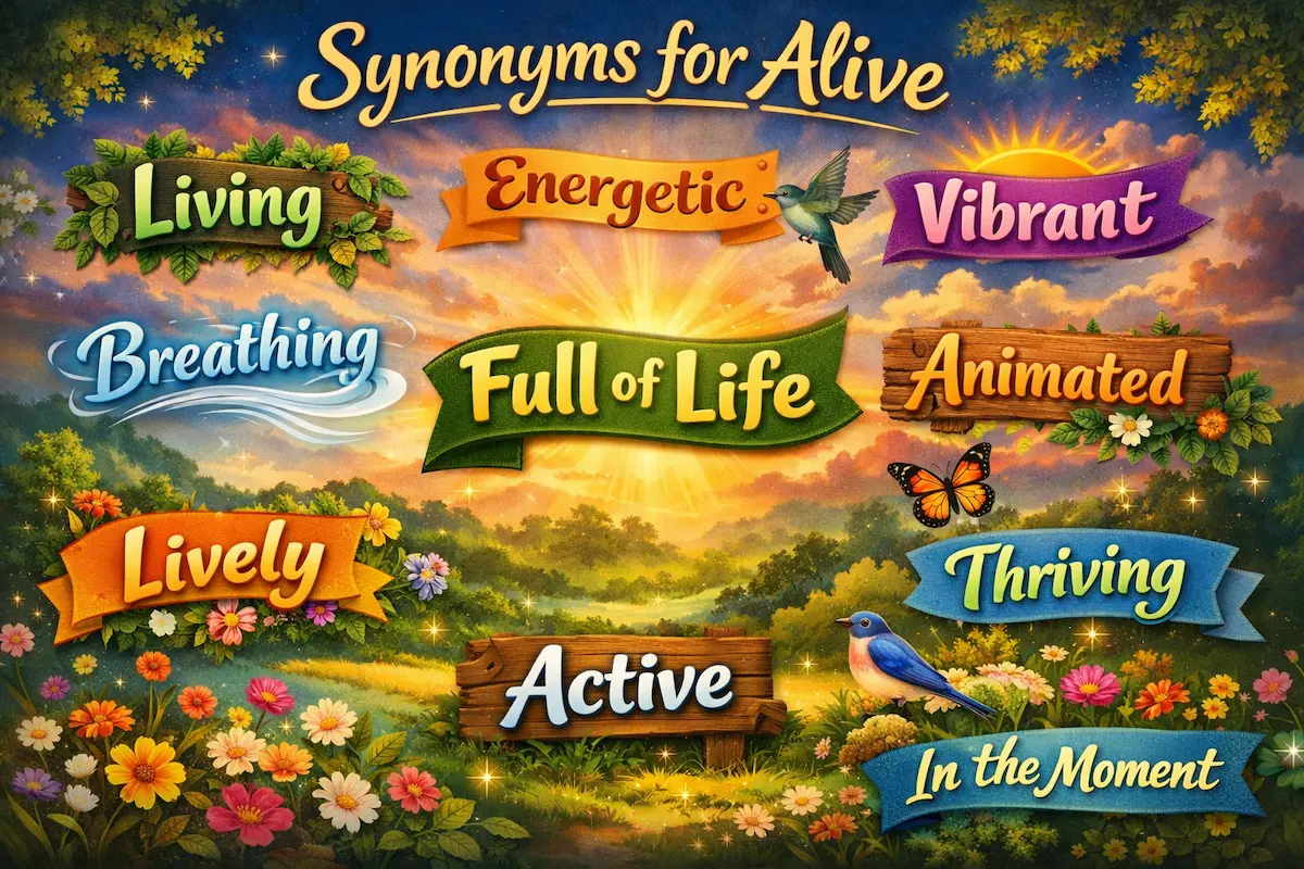 Colorful landscape infographic titled Synonyms for Alive with nature background and words such as living, energetic, vibrant, lively, active, and thriving.