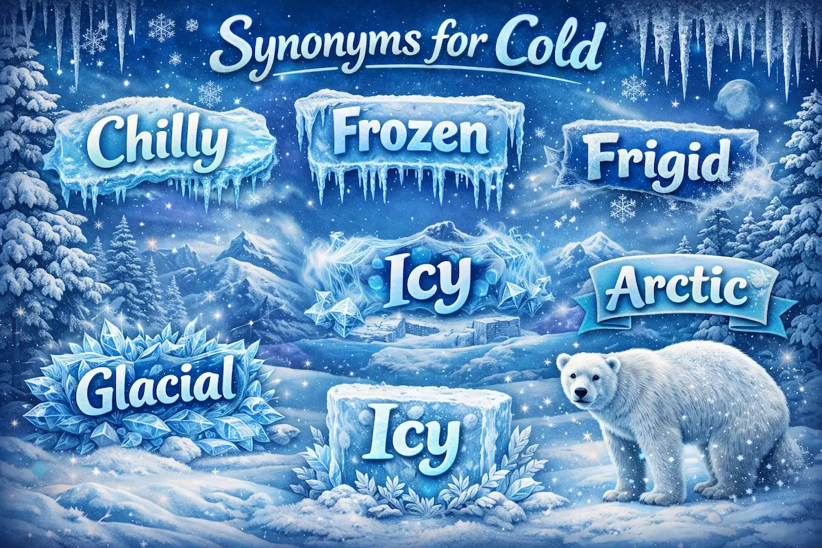 Colorful winter landscape infographic titled Synonyms for Cold showing icy scenery and words like chilly, frozen, frigid, icy, glacial, and arctic.
