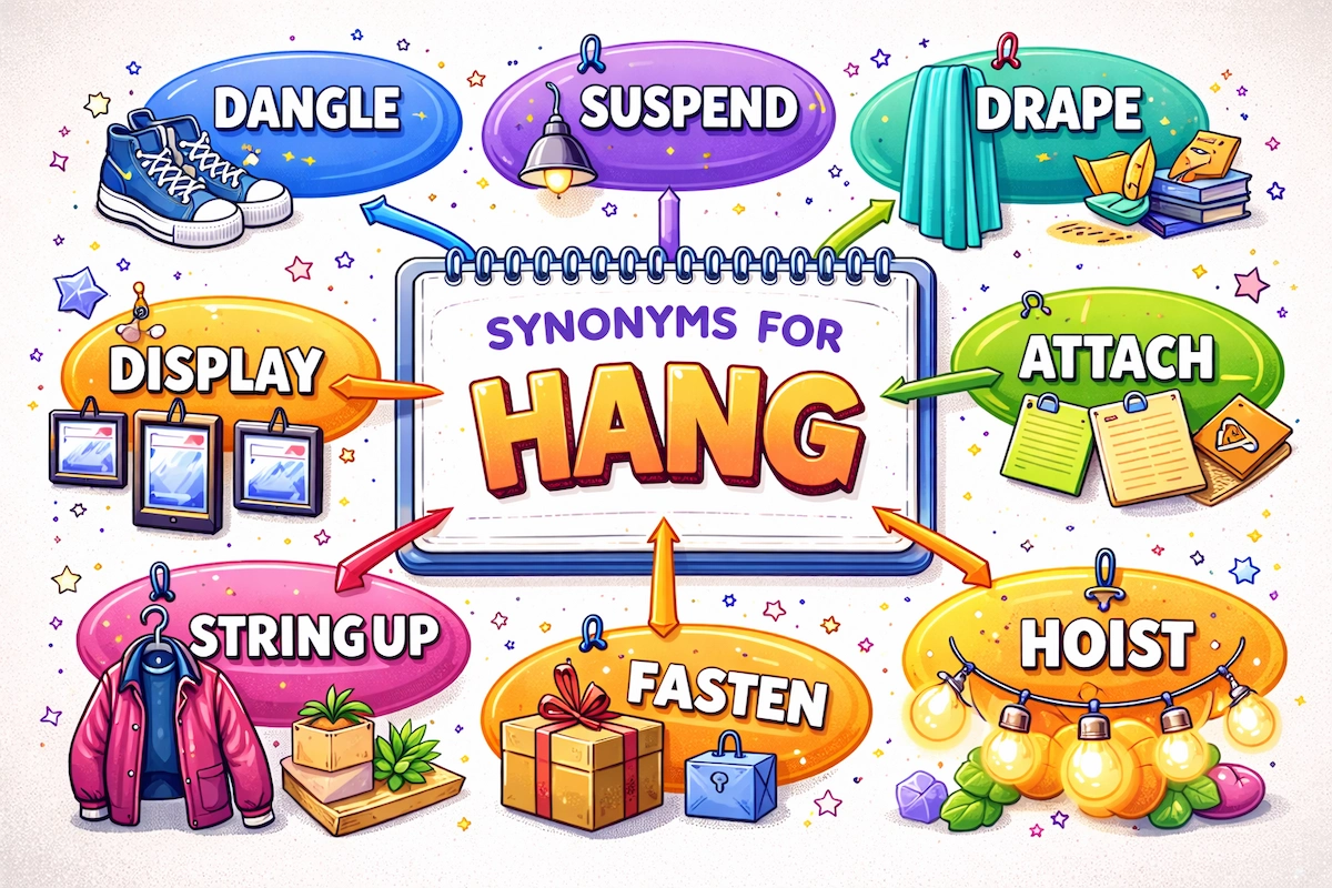 Colorful landscape illustration titled Synonyms for Hang showing related verbs like dangle, suspend, drape, display, attach, string up, fasten, and hoist arranged around a central concept.