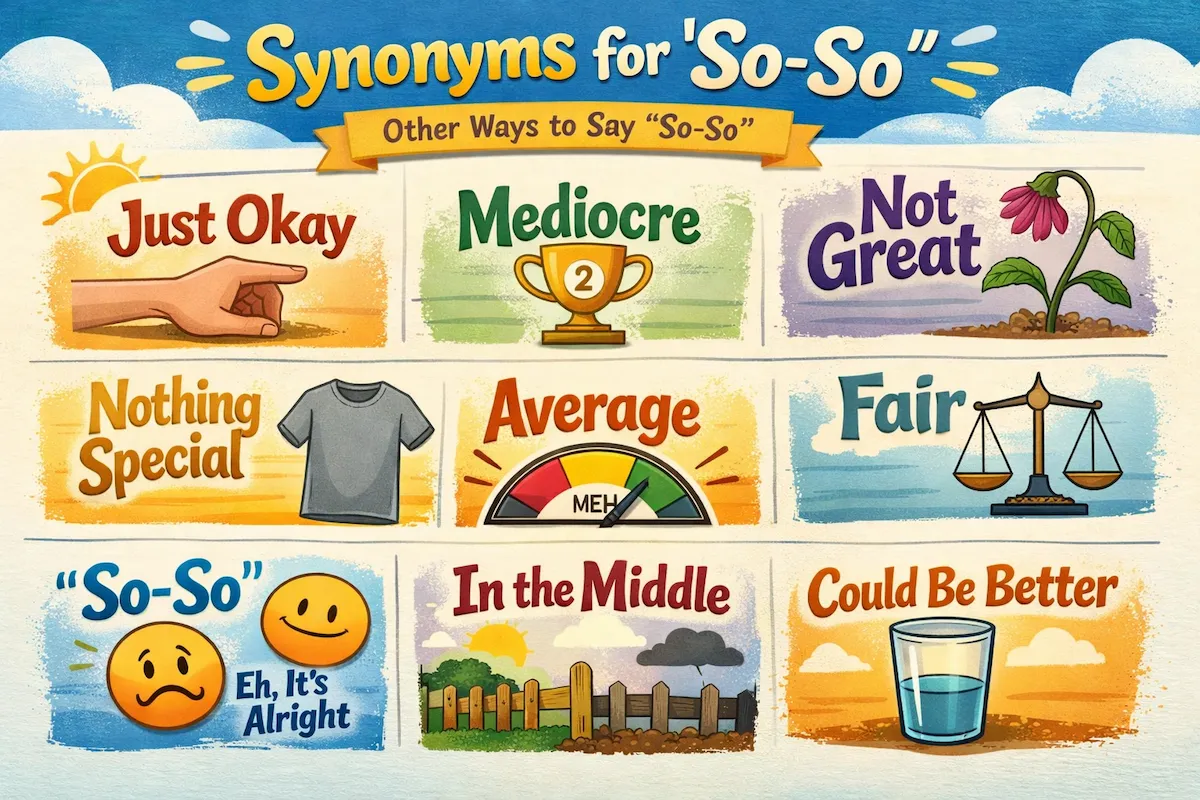 Colorful landscape illustration titled Synonyms for So-So showing common expressions such as average, mediocre, just okay, fair, nothing special, and could be better.