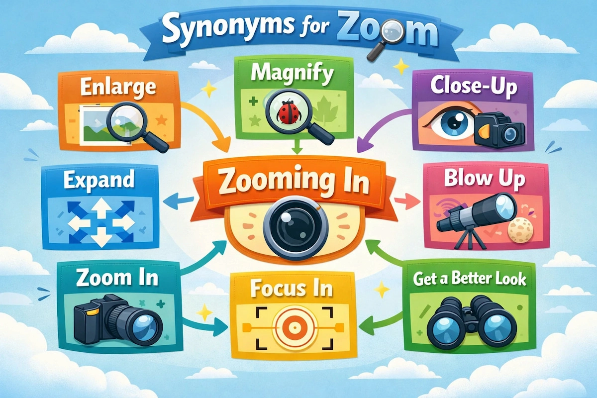 Colorful landscape illustration titled Synonyms for Zoom showing related terms like enlarge, magnify, close-up, expand, blow up, focus in, and get a better look with camera and magnifying glass icons.