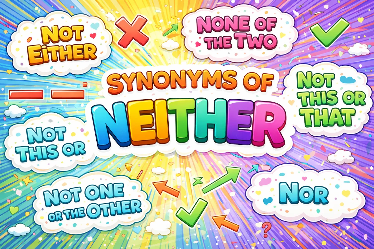 Colorful landscape illustration titled Synonyms of Neither with clean icons and bubbles showing phrases like not either, nor, none of the two, and not this or that.