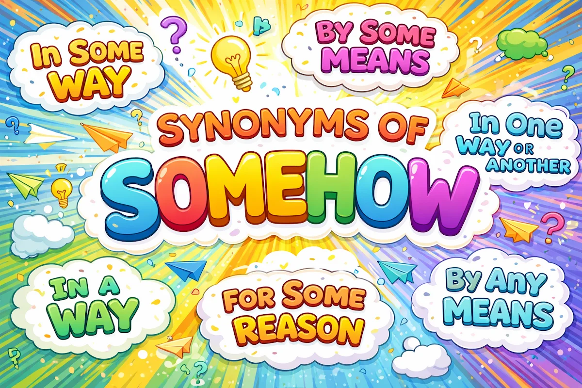 Colorful landscape illustration titled Synonyms of Somehow with speech bubbles showing phrases like by some means, in some way, and for some reason.