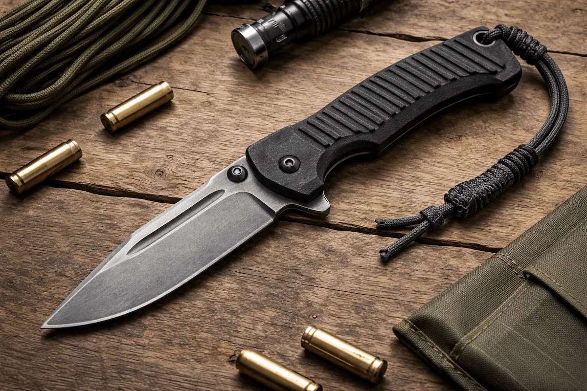 Tactical knife with a textured handle on a wooden surface, surrounded by survival gear, representing a sharp cutting tool used for outdoor, camping, or utility purposes.