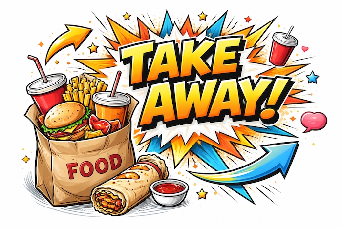 Comic-style take away illustration showing a food bag with burgers, fries, drinks, and bold text representing quick and convenient meals