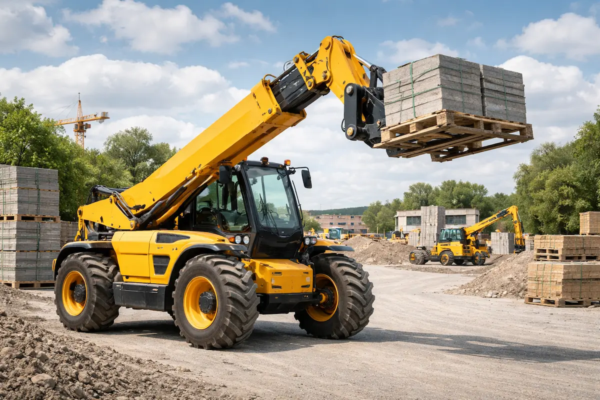 Landscape image of a yellow telehandler with an extended boom lifting a pallet of concrete blocks at a construction site with heavy equipment in the background.