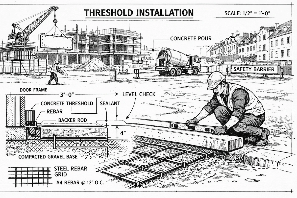 Black and white construction illustration of threshold installation, featuring concrete thresholds, steel rebar grids, level checking, safety barriers, and labeled structural details.
