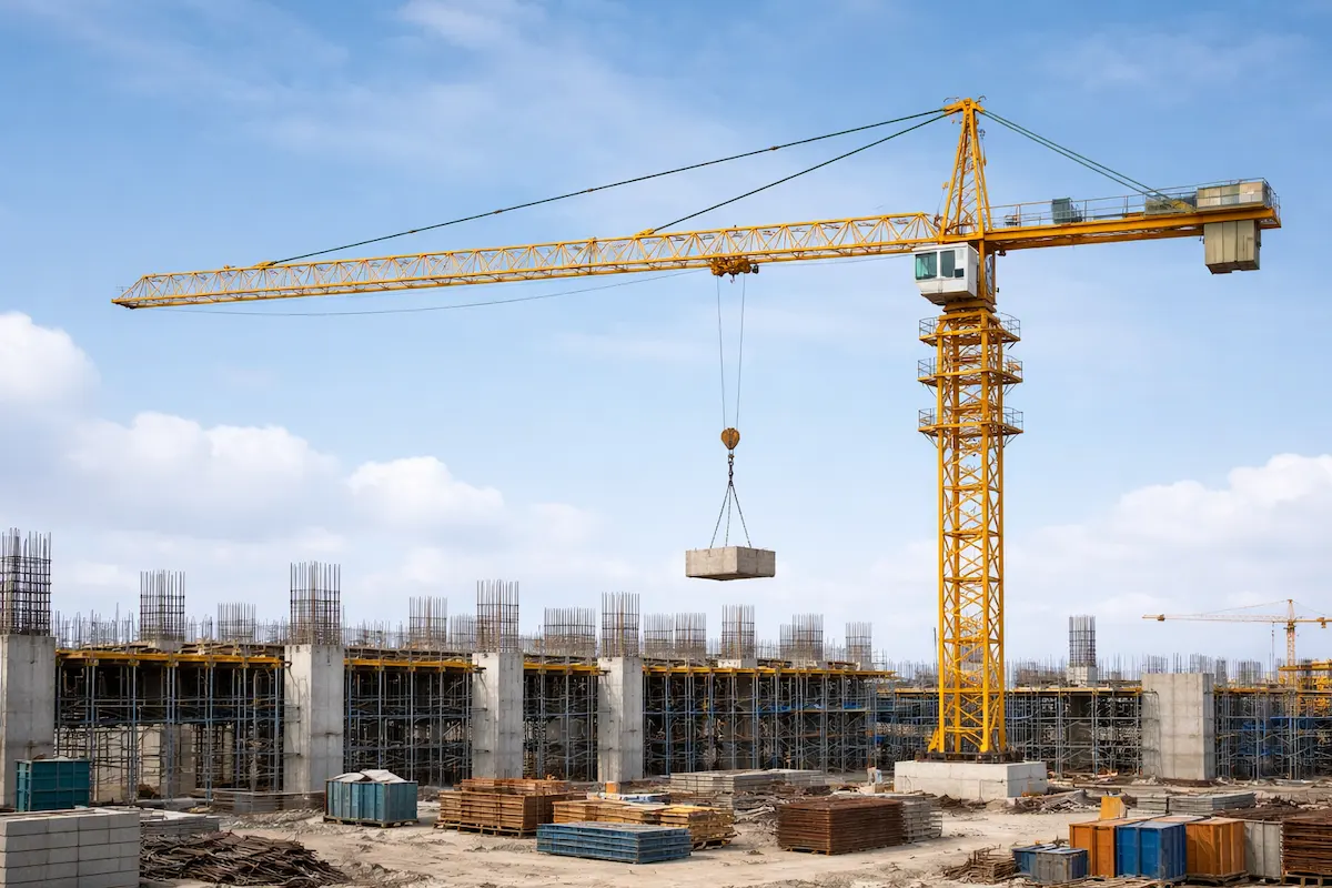 Yellow tower crane hoisting a concrete block at a busy construction site with scaffolding and unfinished buildings in the background.