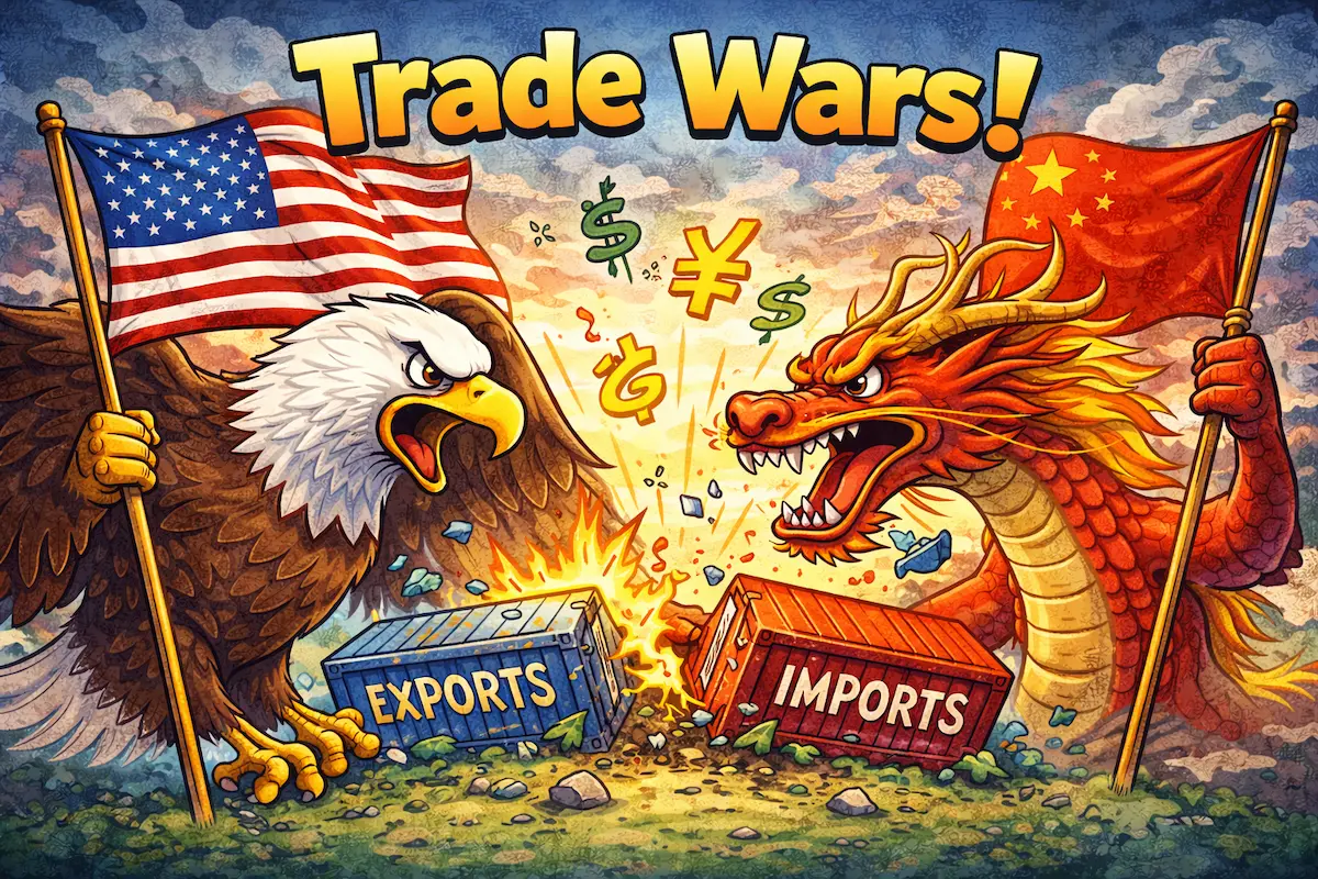 Colorful cartoon illustration of trade wars, featuring opposing countries symbolized by powerful figures and shipping containers to represent economic conflict and tariff disputes.