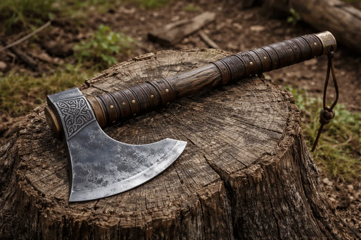 Sharp metal axe with a wooden handle resting on a tree stump, used for chopping wood and cutting logs.