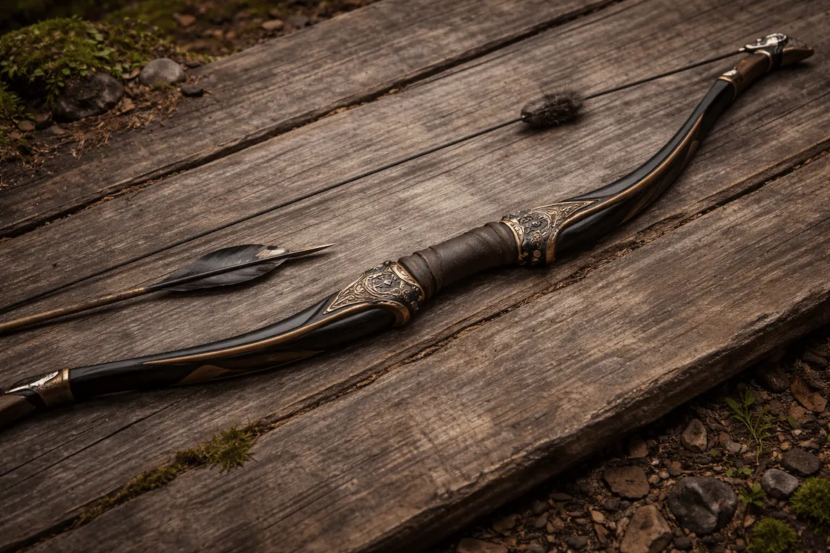 Traditional wooden recurve bow with carved details and a curved shape placed on rustic wooden planks, symbolizing historical archery and ranged weapons.