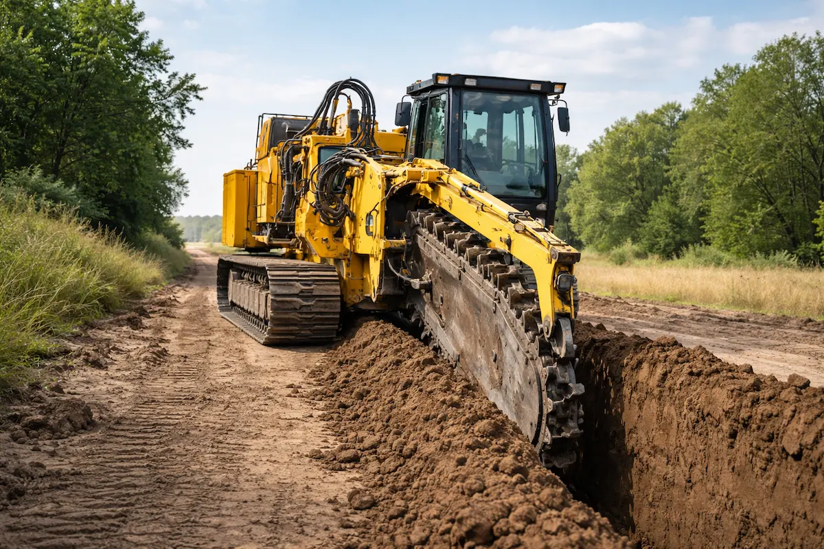 Yellow tracked trencher machine digging a long, narrow trench in dirt along a rural construction path.