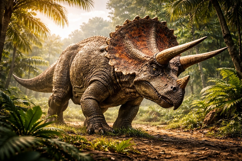 Triceratops standing in a green prehistoric forest environment