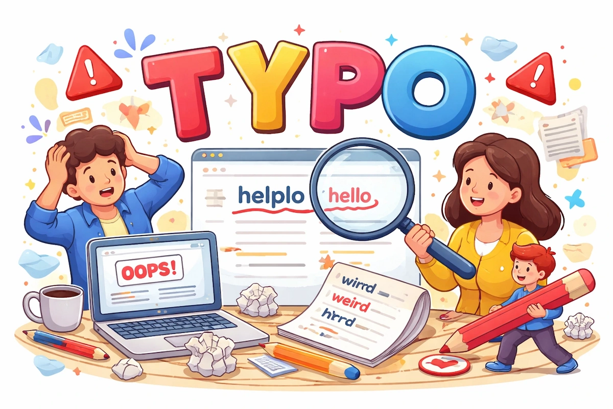 A bright cartoon illustration about typos, featuring a spelling error corrected with a magnifying glass, a laptop showing “oops,” and people proofreading words to fix typing mistakes.