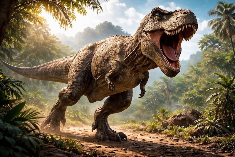 Tyrannosaurus rex roaring in a green prehistoric forest