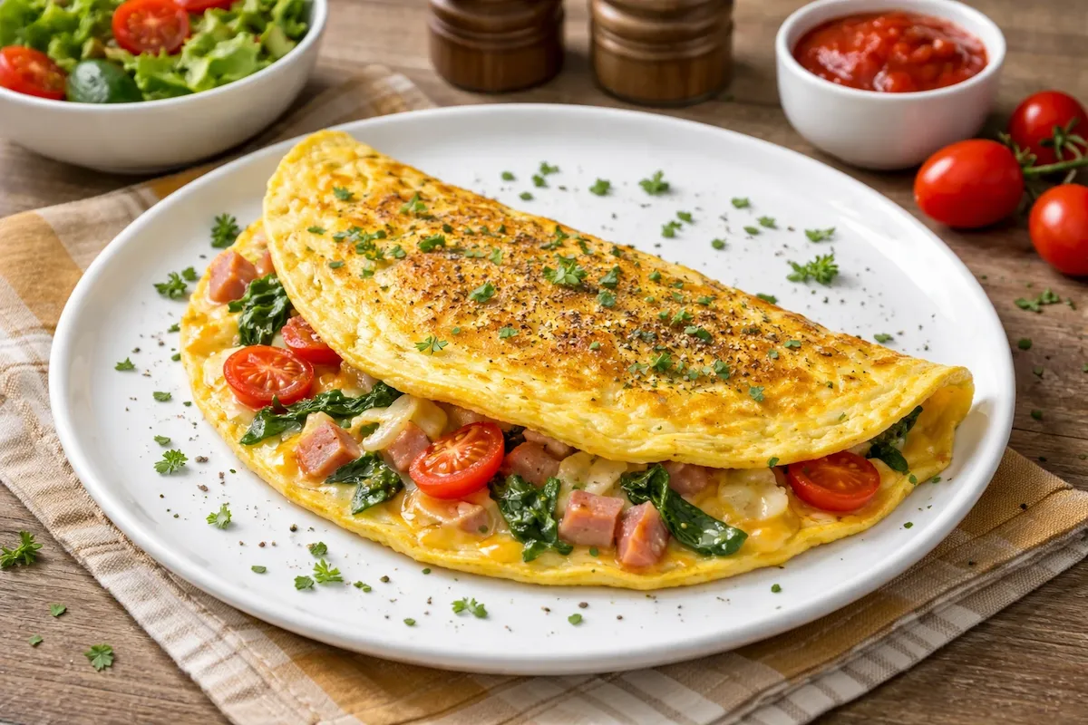 Landscape photo of a folded omelet with mushroom and cheese filling, garnished with chopped herbs and served with fresh salad on a white plate.