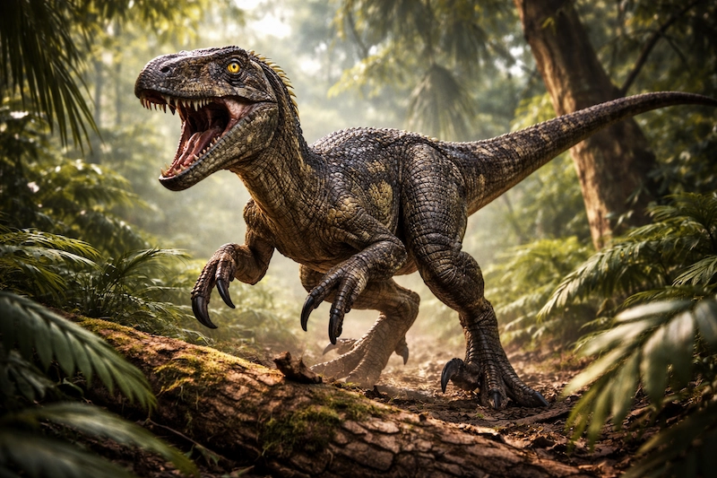 Velociraptor charging forward in a green prehistoric forest