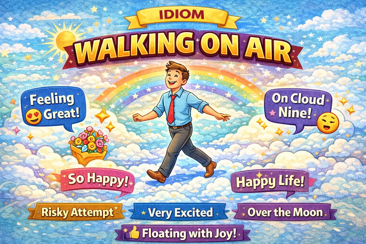 Colorful cartoon landscape of a smiling man walking on clouds under a rainbow illustrating the idiom walking on air meaning extremely happy and excited.