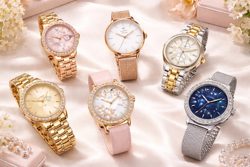A neatly arranged set of luxury wristwatches in gold, silver, and leather styles, highlighting various watch faces and bracelet designs.