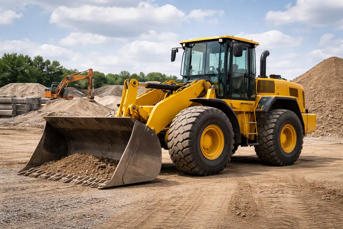 Heavy wheel loader with a large front bucket moving soil at a construction site, showing powerful tires and machinery designed for loading and transporting materials.