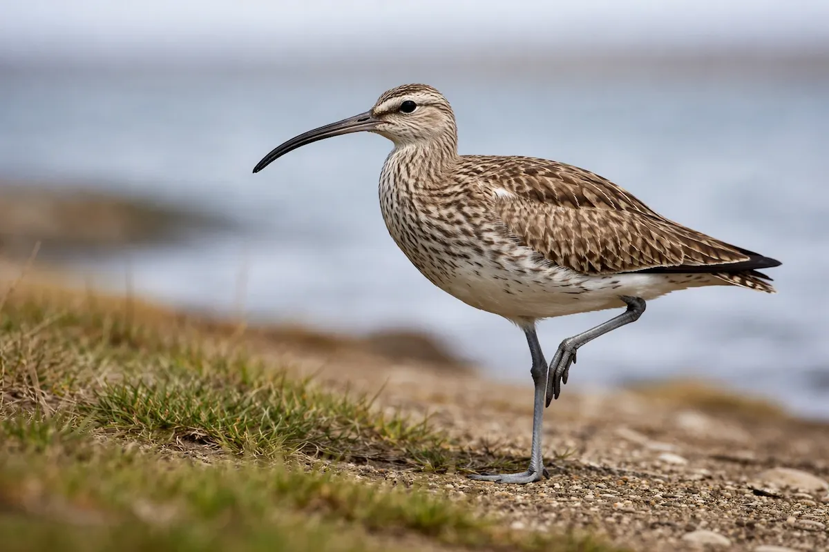 A whimbrel bird standing on short grass near the coast, showing a long curved bill, streaked brown feathers, gray legs, and calm ocean water blurred in the distance.