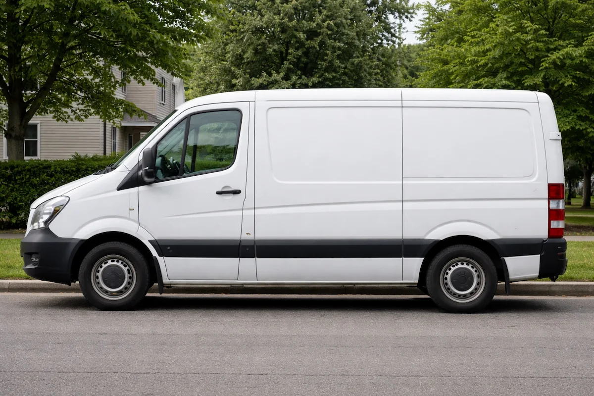 White cargo van parked on a suburban street, showing a long enclosed body, side profile view, black trim, and trees in the background.