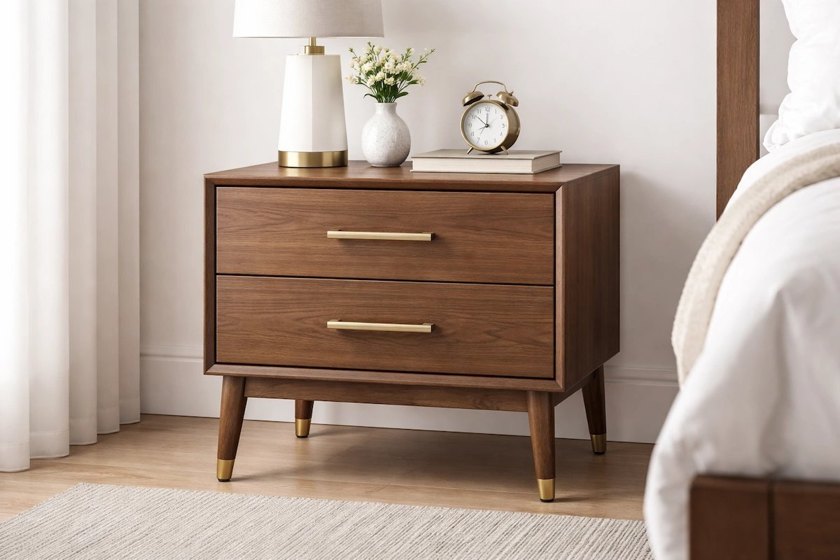 Landscape illustration of a wooden nightstand with drawers positioned next to a bed, holding a lamp and clock in a modern bedroom setting.
