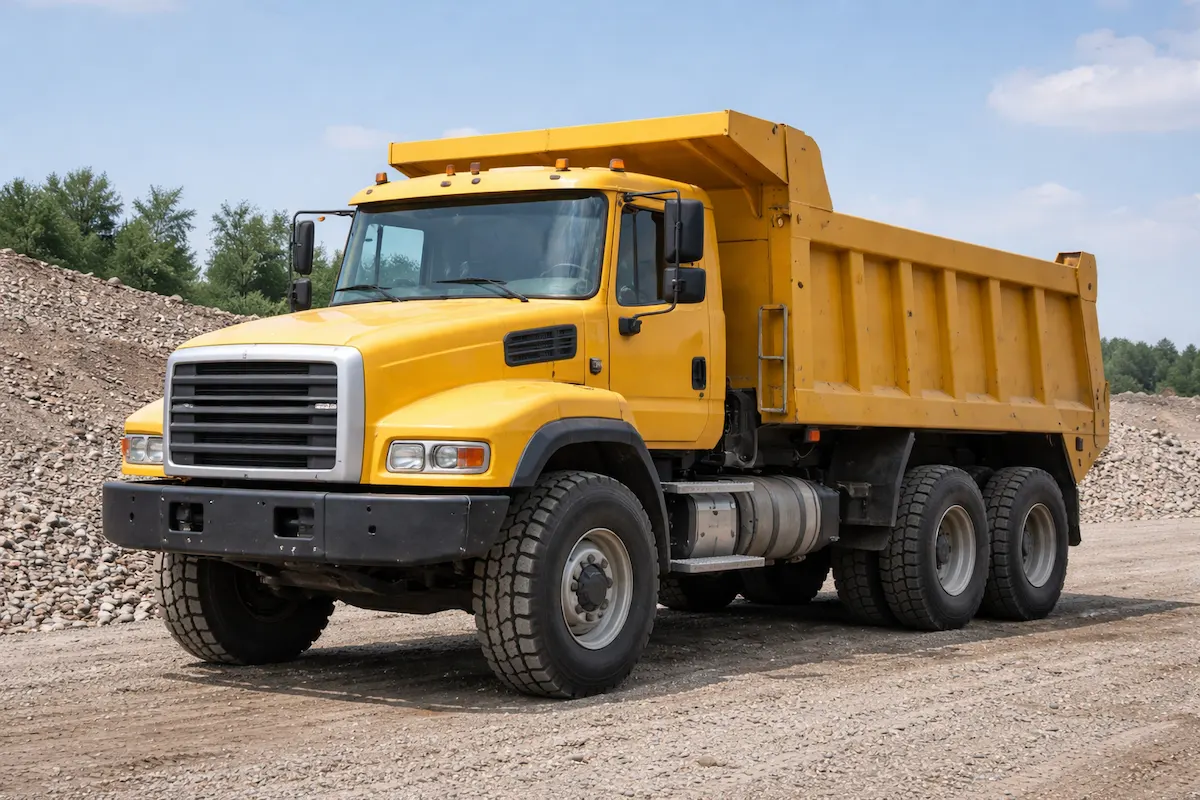 Heavy-duty yellow dump truck with a raised cargo bed at a construction site, used for hauling and unloading gravel, sand, and other loose materials.