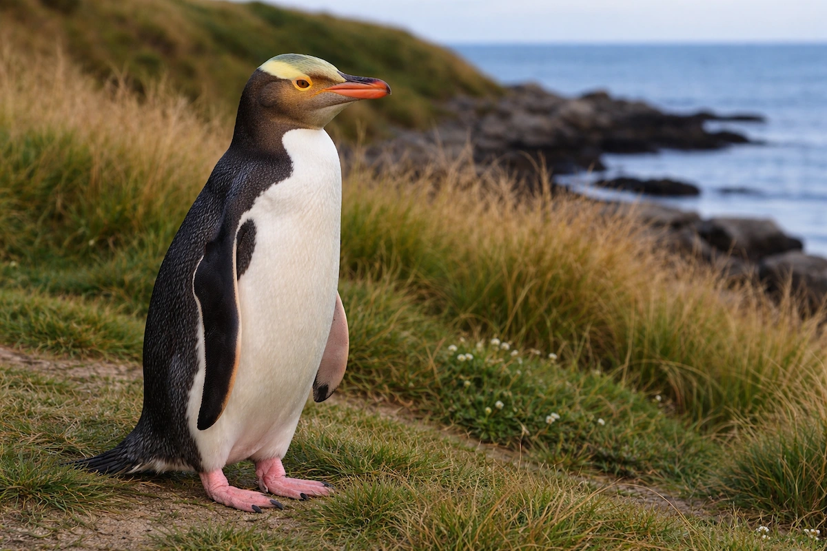 A yellow-eyed penguin standing on a grassy coastal area near the sea, showing its pale yellow eye stripe, orange beak, pink feet, and black-and-white body against a rocky shoreline.