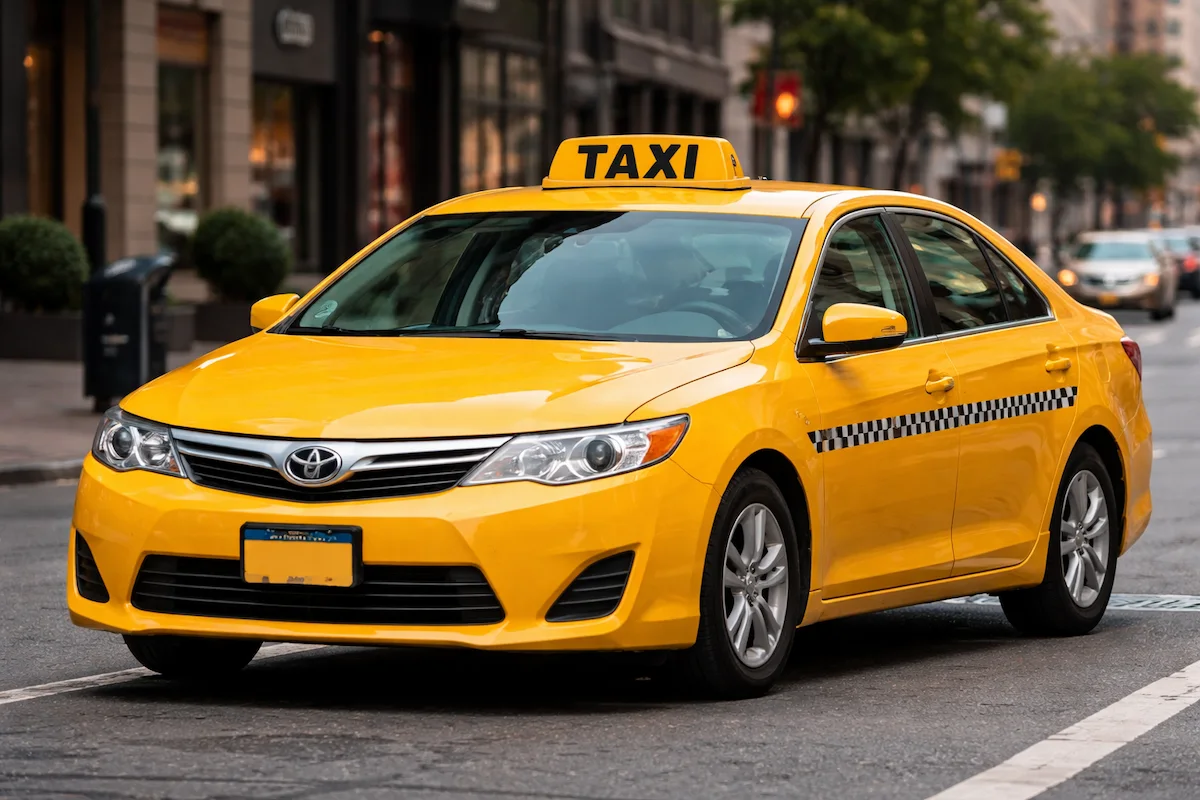 Yellow taxi car on a city street, showing a roof taxi sign, checkered stripe, headlights, and surrounding urban buildings.