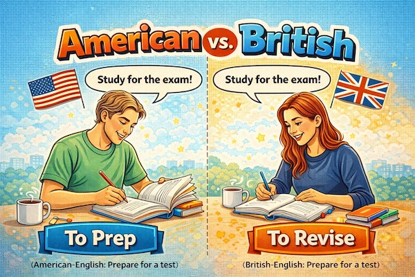 Landscape illustration comparing American and British English, showing to prep versus to revise as different terms for studying for a test.