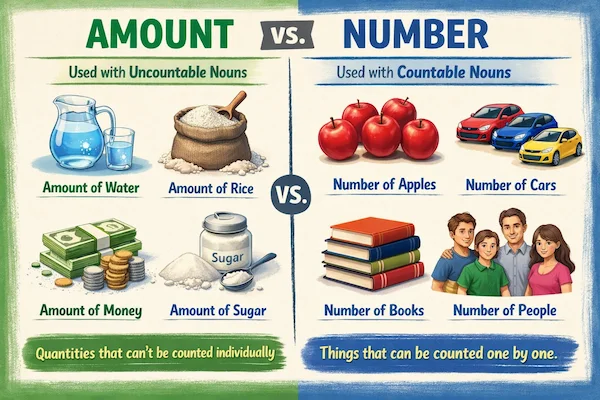 Landscape grammar illustration comparing amount and number, showing amount with uncountable nouns and number with countable nouns using clear everyday examples.