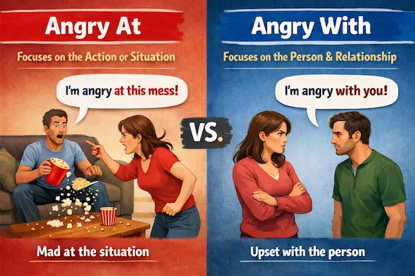 Landscape split-screen cartoon showing “Angry at” for a situation and “Angry with” for a person, with both phrases shown inside speech bubbles.