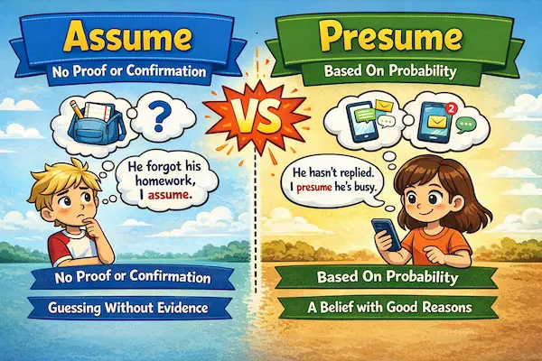 Cartoon landscape illustration comparing assume and presume, highlighting lack of proof versus probability-based reasoning with clear visual examples.