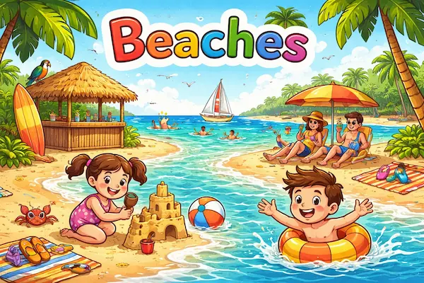 Colorful cartoon beach scene with children building sandcastles, people swimming and relaxing under umbrellas, and a sunny tropical seaside background.