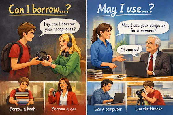 Split landscape graphic contrasting “Can I borrow...?” with “May I use...?”, using everyday scenes to show borrowing items versus requesting permission to use them.