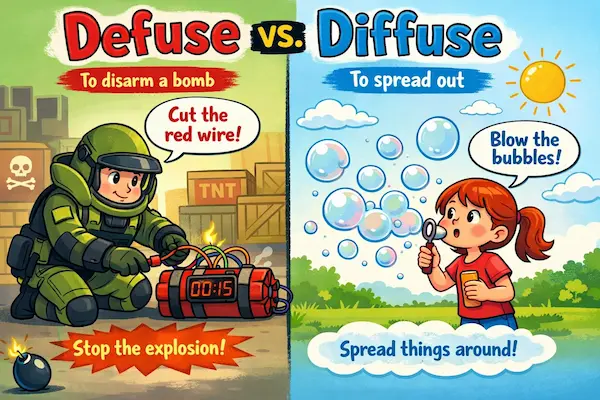 Educational cartoon illustrating the difference between defuse and diffuse, with a bomb being safely disarmed on one side and bubbles spreading in the air on the other.